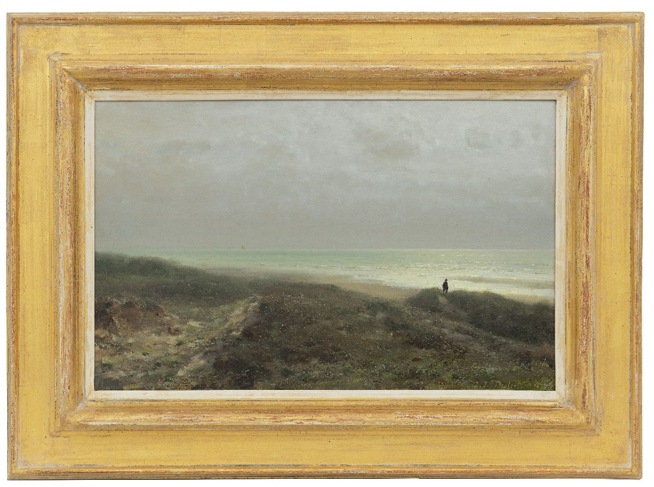 Destrée J.J.  | Johannes Josephus Destrée, A dune landscape with a figure watching the sea, oil on panel 27.6 x 43.8 cm, signed l.r. and dated 1879
