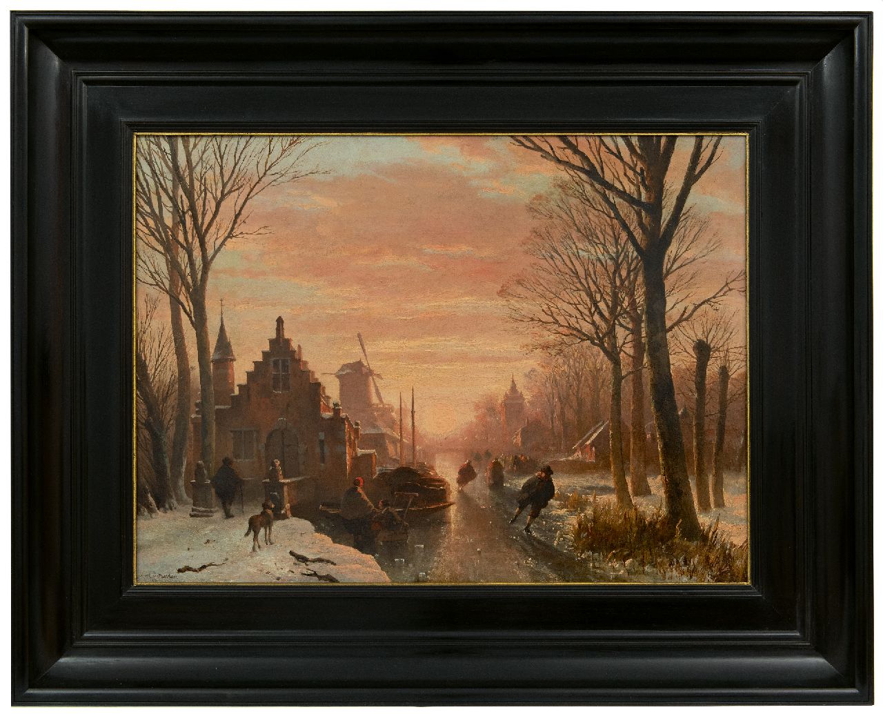 Wayen Pieterszen A. van der | Abraham van der Wayen Pieterszen, Skaters on a frozen town canal at sunset, oil on panel 43.3 x 59.3 cm, signed l.l.