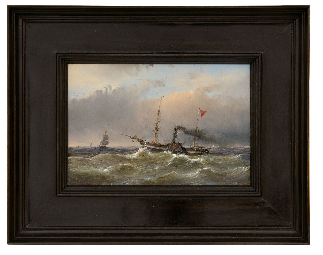 Schelfhout A.  | Andreas Schelfhout, Sailing vessels and a paddlesteamer on open water, oil on panel 10.3 x 15.3 cm, signed l.l. and dated '50