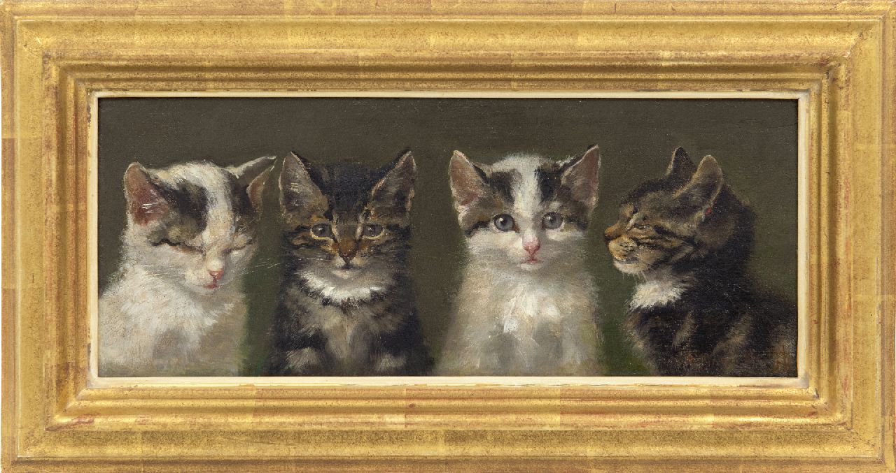 Kruijff A.M.  | Anna Maria Kruijff, Four cats, oil on panel 14.7 x 36.3 cm, signed l.r.