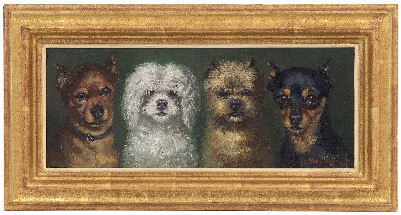 Kruijff A.M.  | Anna Maria Kruijff, Four small dogs, oil on panel 14.6 x 36.0 cm, signed l.r.