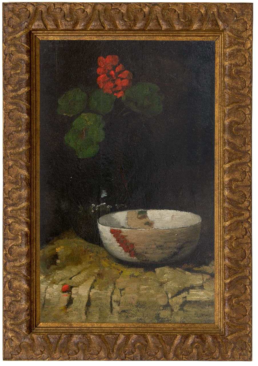 Berg W.H. van den | 'Willem' Hendrik van den Berg | Paintings offered for sale | Still life with a bowl and geranium, oil on panel 63.7 x 40.3 cm, signed u.r.