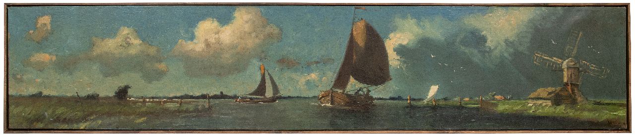 Wiersma I.  | Ids Wiersma | Paintings offered for sale | A landscape in Friesland with sailing flatboats, oil on canvas 41.5 x 208.5 cm, signed l.r.