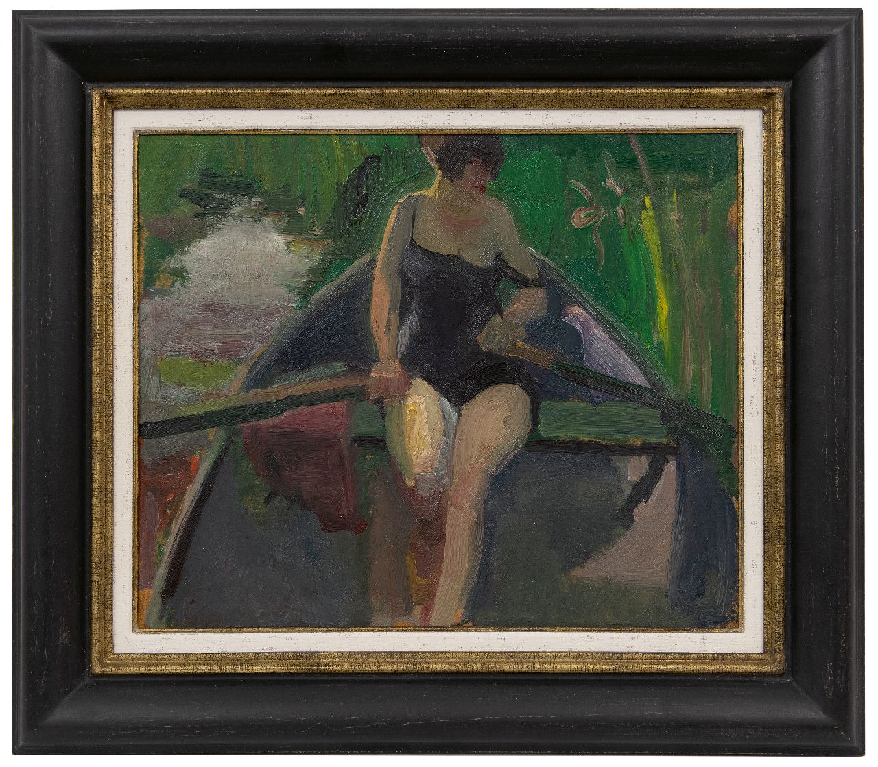 Kuijten H.J.  | Henricus Johannes 'Harrie' Kuijten, The artist's wife (Leni) in a rowing boat on a sunny day, oil on board laid down on panel 37.9 x 45.8 cm, signed l.l. and painted ca. 1928