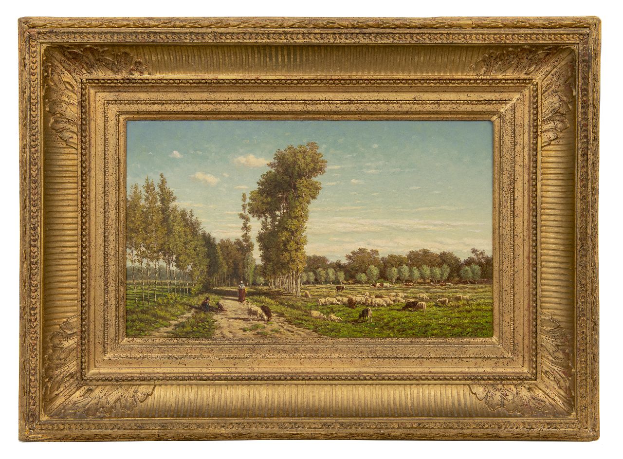 Lokhorst J.N. van | Johan Nicolaas 'Jan' van Lokhorst | Paintings offered for sale | Shepherd and his flock resting along a poplar road (pendant), oil on panel 27.4 x 45.6 cm, signed l.r. and dated 1867