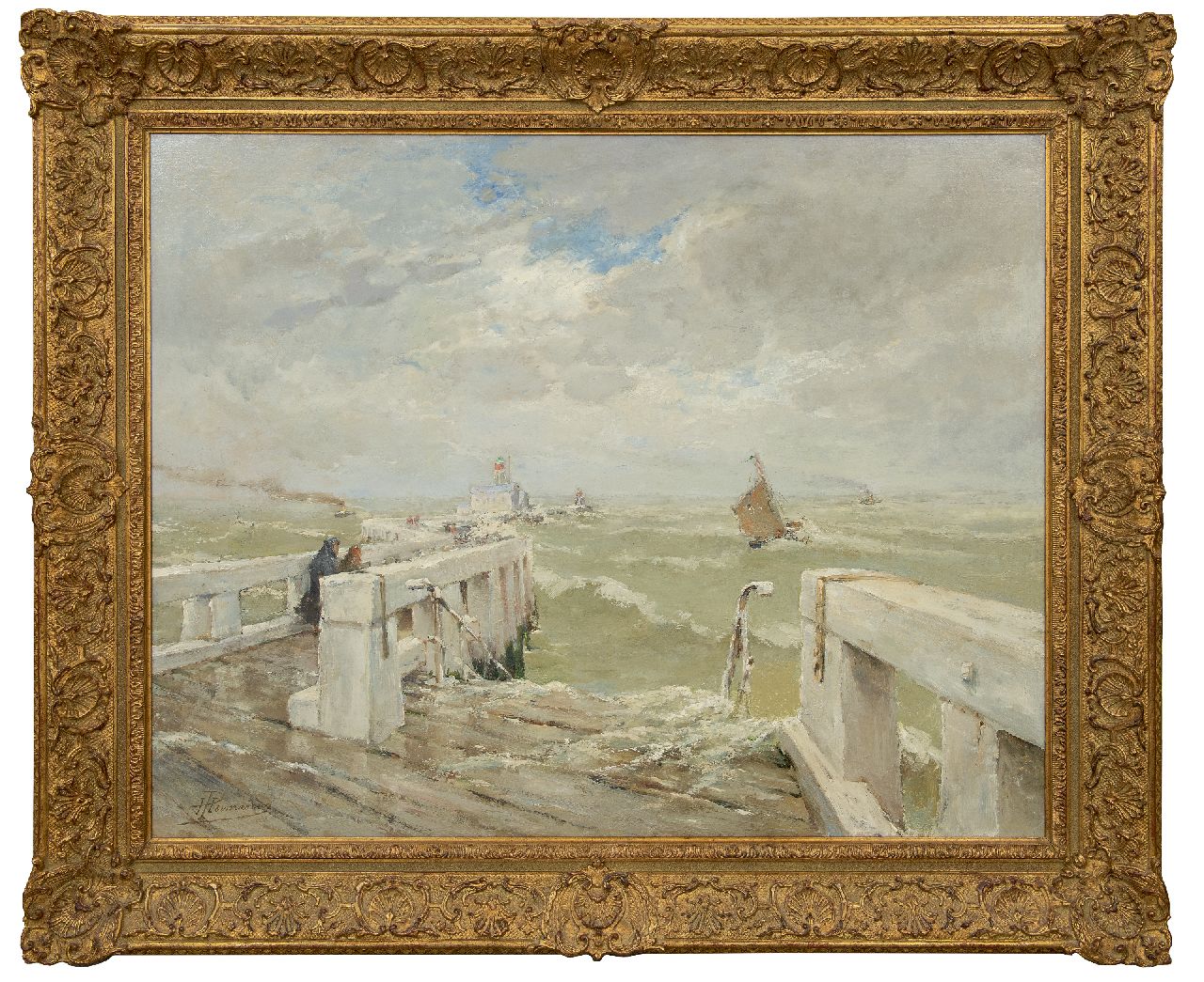 Hermanus P.F.  | 'Paul' François Hermanus, Figures on a pier near a lighthouse in turbulent surf, oil on canvas 74.0 x 95.0 cm, signed l.l.