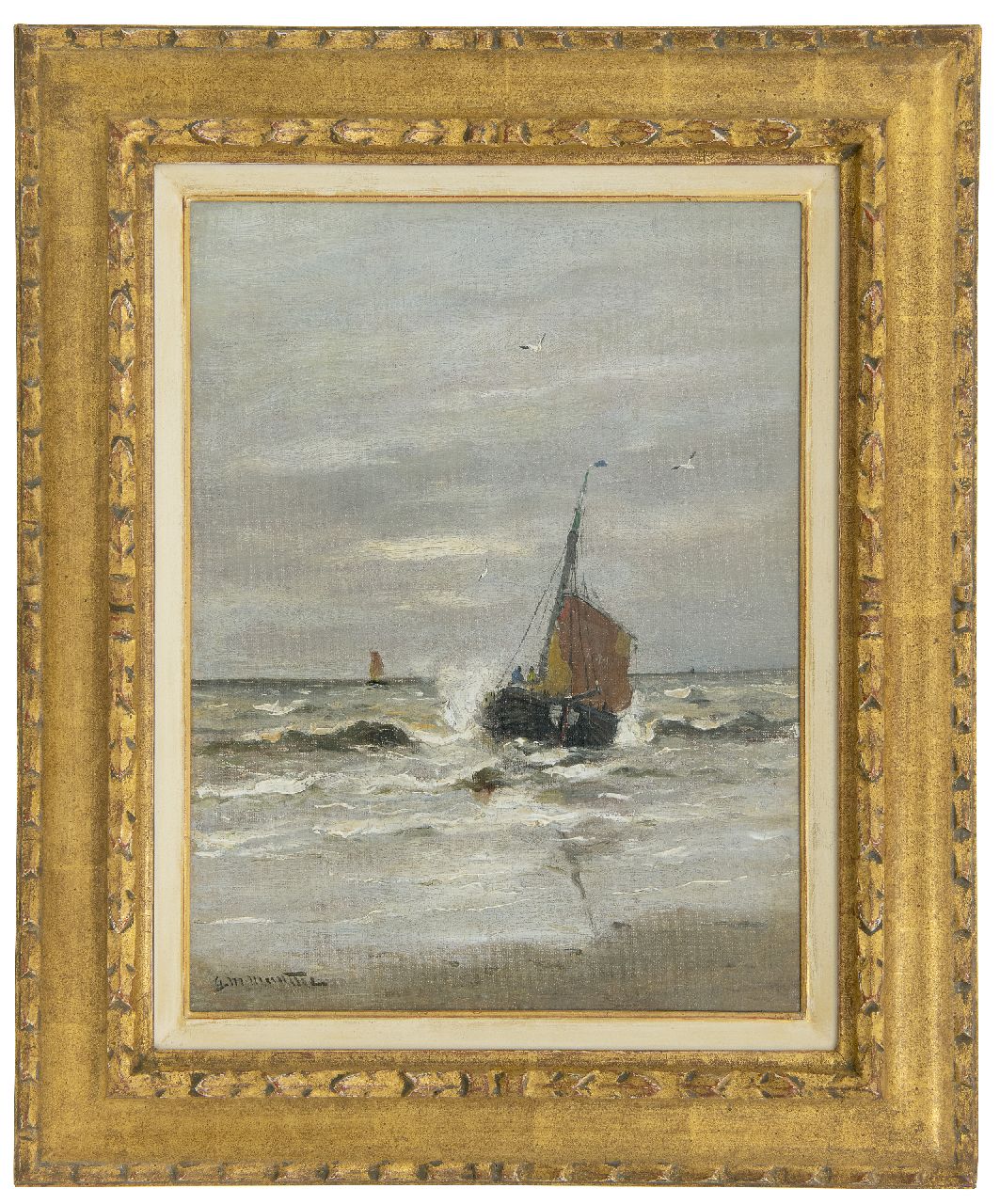 Munthe G.A.L.  | Gerhard Arij Ludwig 'Morgenstjerne' Munthe, The return of 'KW9' on the beach of Katwijk, oil on canvas 40.4 x 30.8 cm, signed l.l.