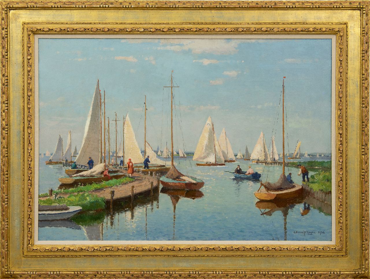 Schagen G.F. van | Gerbrand Frederik van Schagen, Moored sailing vessels, Loosdrechtse Plassen, oil on canvas 68.3 x 98.5 cm, signed l.r. and dated 1934
