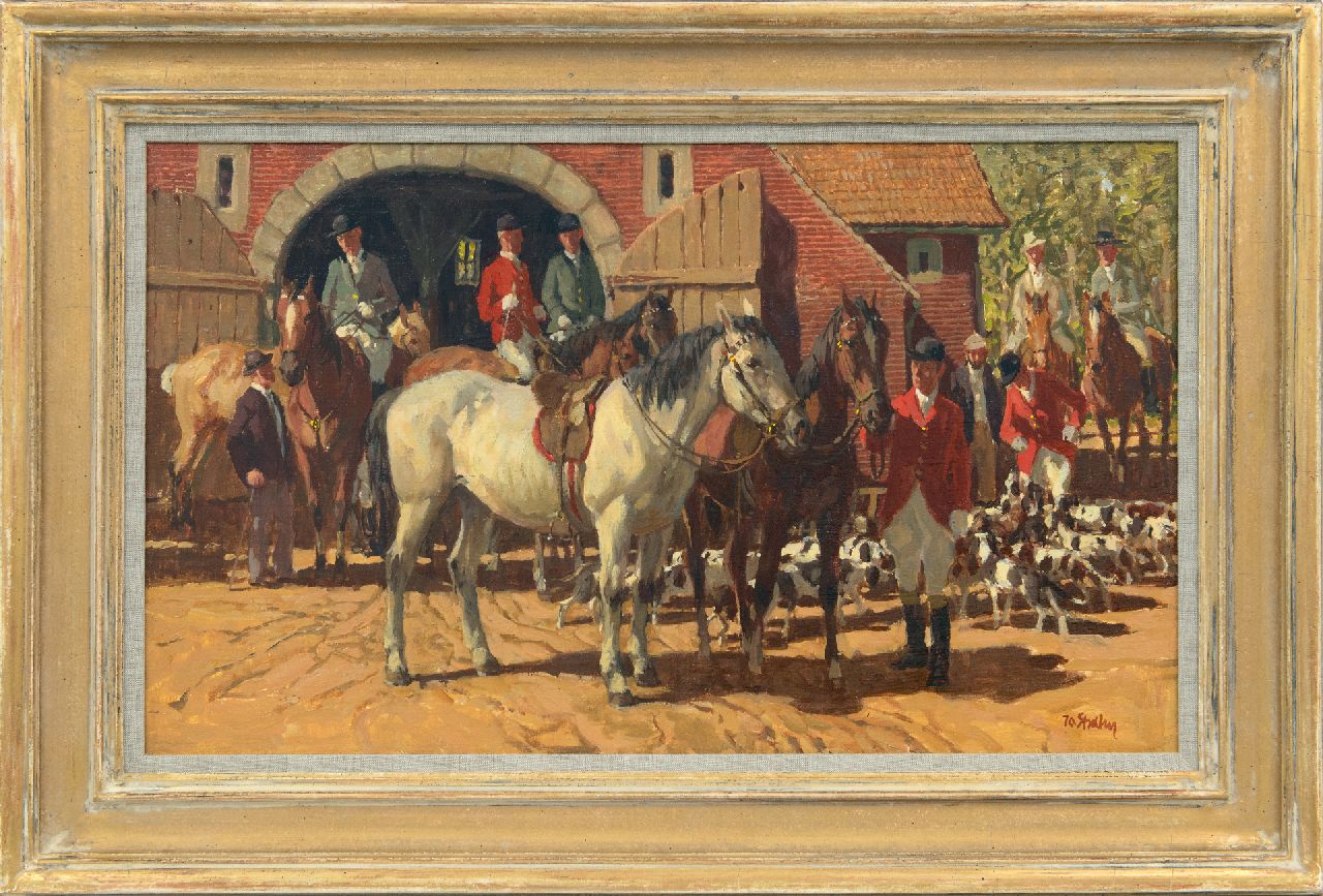 Strahn P.J.  | Peter Josef 'Jo' Strahn, Before the hunt, oil on canvas 35.8 x 60.4 cm, signed l.r.