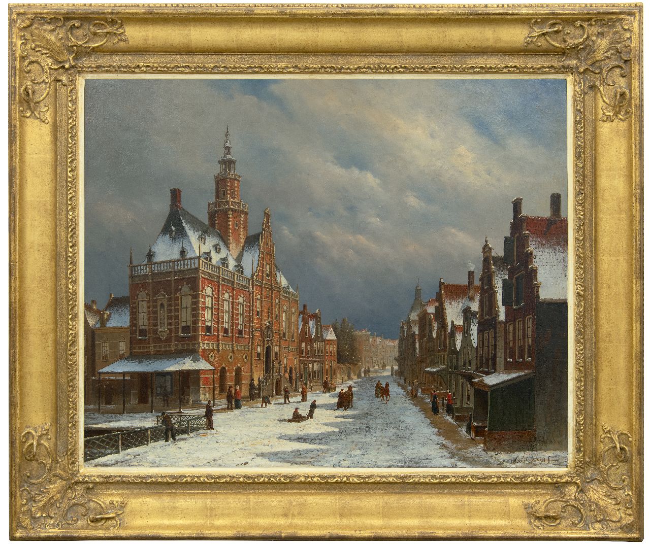 Jongh O.R. de | Oene Romkes de Jongh, The townhall of Bolsward, Friesland, in wintertime, oil on canvas 69.9 x 86.0 cm, signed l.r.