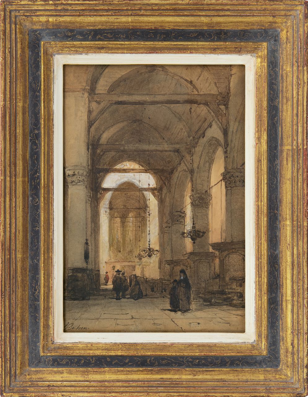 Bosboom J.  | Johannes Bosboom, Figures in a church interior, watercolour on paper 26.5 x 18.3 cm, signed l.l.