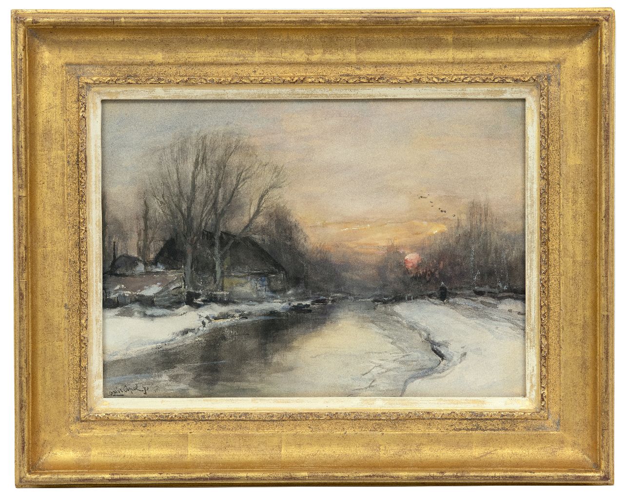 Apol L.F.H.  | Lodewijk Franciscus Hendrik 'Louis' Apol, A snowy riverbank at sunset, watercolour on paper 25.3 x 35.4 cm, signed l.l.