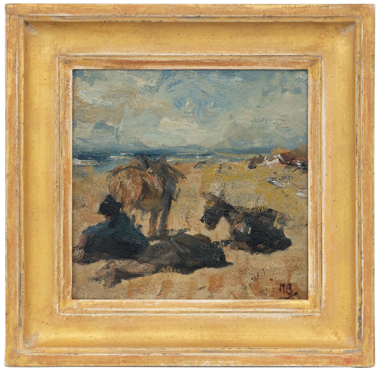 Bauer M.A.J.  | 'Marius' Alexander Jacques Bauer, Donkeys resting on the beach, oil on panel 18.5 x 18.6 cm, signed l.r. with initials