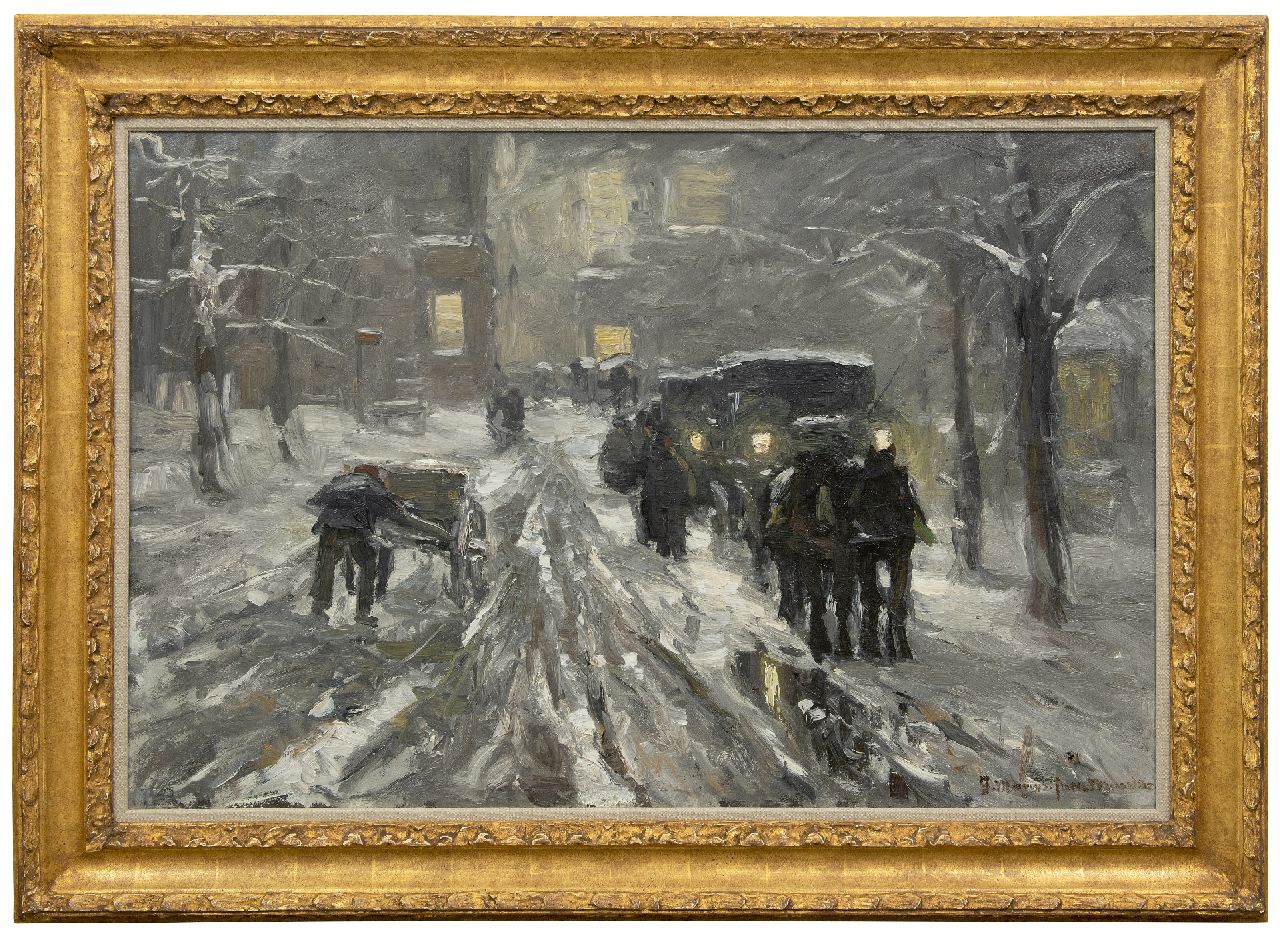 Munthe G.A.L.  | Gerhard Arij Ludwig 'Morgenstjerne' Munthe, Horses and carriages in a snowy town by night, oil on canvas 66.3 x 100.7 cm, signed l.r.