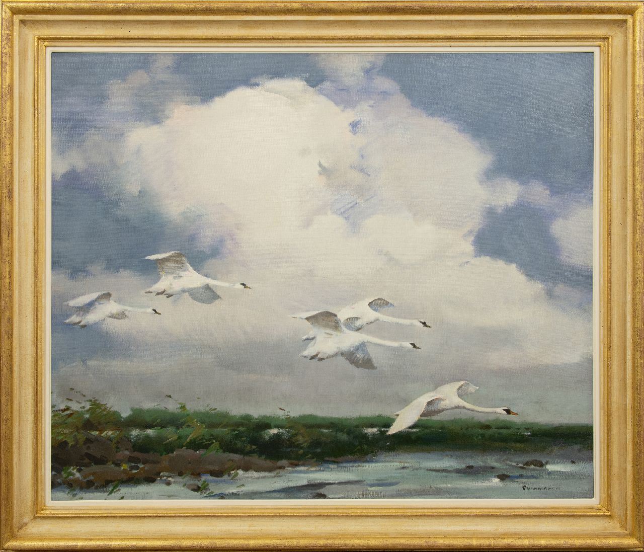 Hem P. van der | Pieter 'Piet' van der Hem, Flying swans above a lake, oil on canvas 101.2 x 123.2 cm, signed l.r.