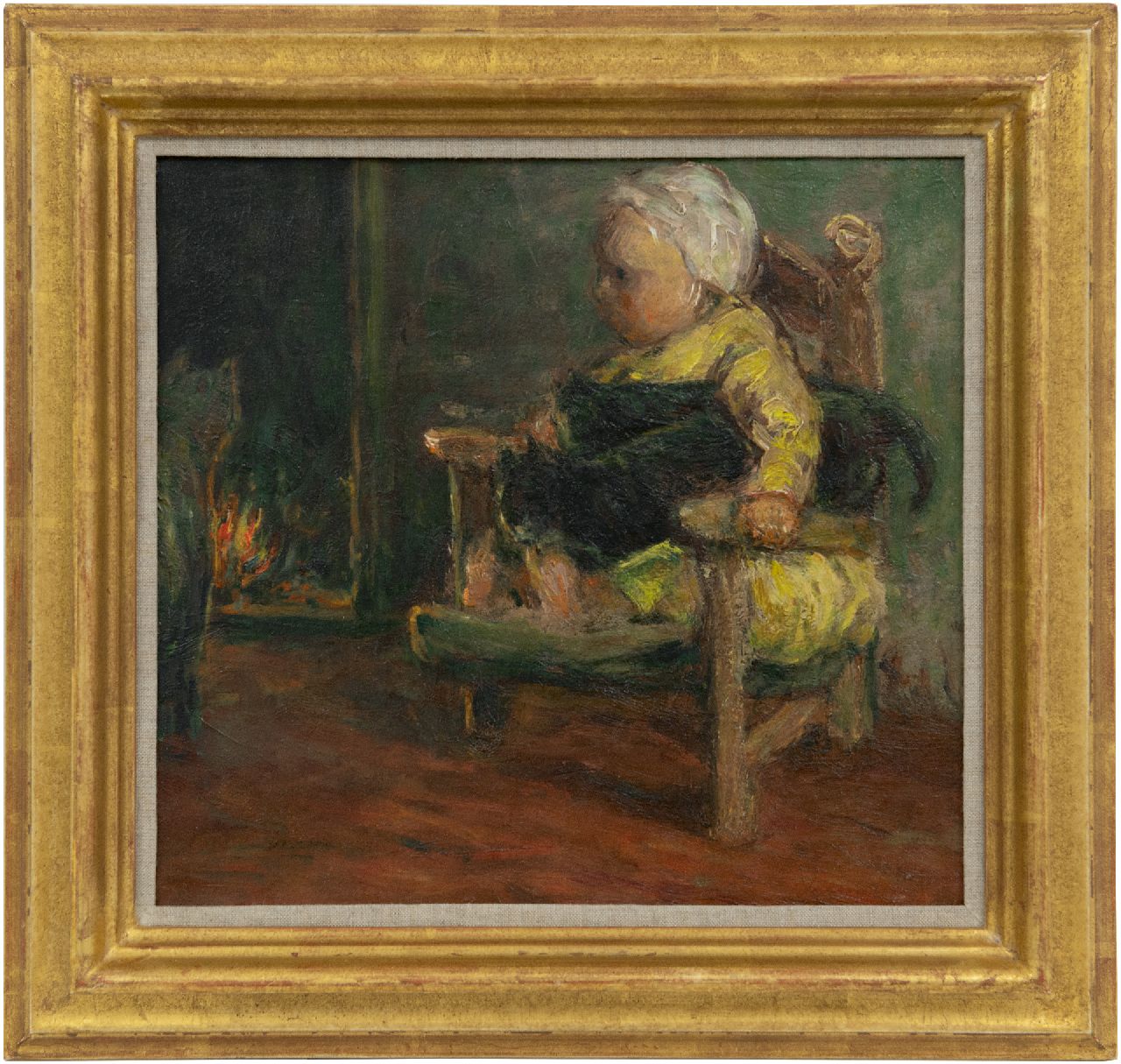 Blommers B.J.  | Bernardus Johannes 'Bernard' Blommers, A child and catsnear the fire, oil on canvas 26.2 x 28.1 cm