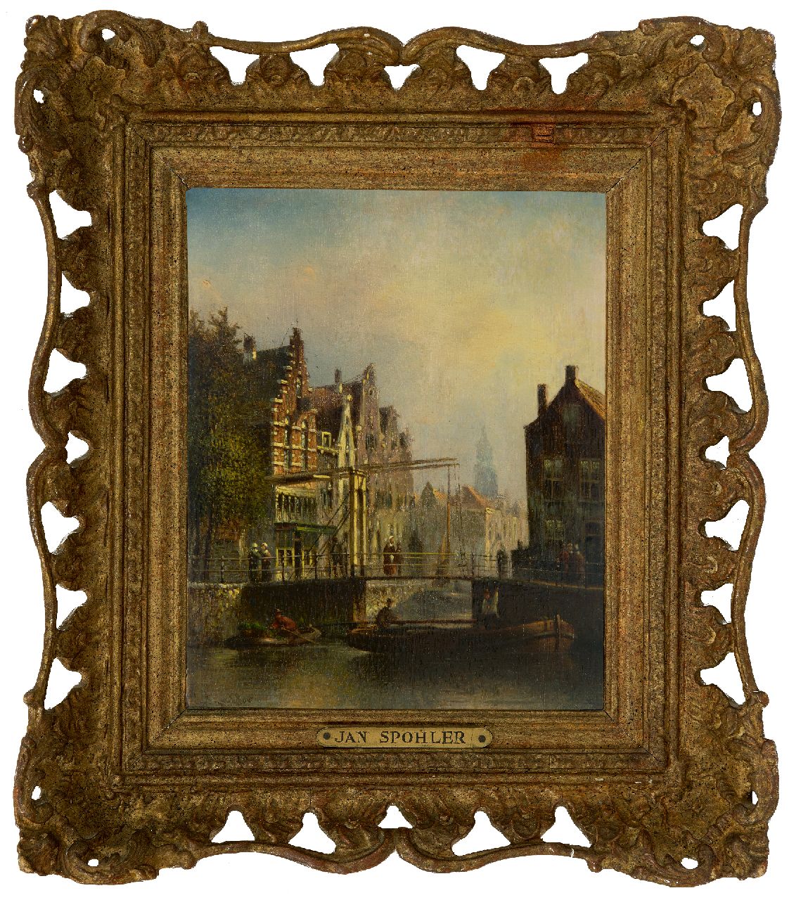 Spohler J.F.  | Johannes Franciscus Spohler | Paintings offered for sale | A Dutch town with a drawbridge, oil on panel 20.4 x 16.0 cm, signed l.l.