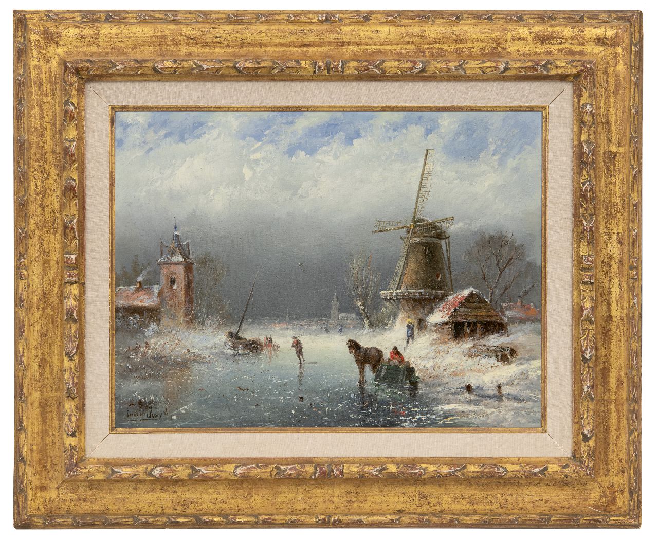 Kuijpers C.  | Cornelis Kuijpers, Skaters on a frozen waterway, oil on canvas 30.5 x 39.9 cm, signed l.l. and und ca. 1890