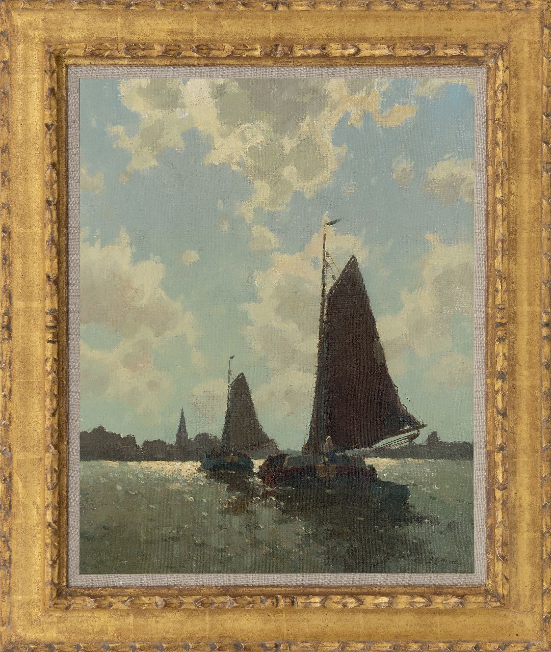 Ydema E.  | Egnatius Ydema, Two barges in backlight near Eernewoude, oil on canvas 50.5 x 40.3 cm, signed l.r.