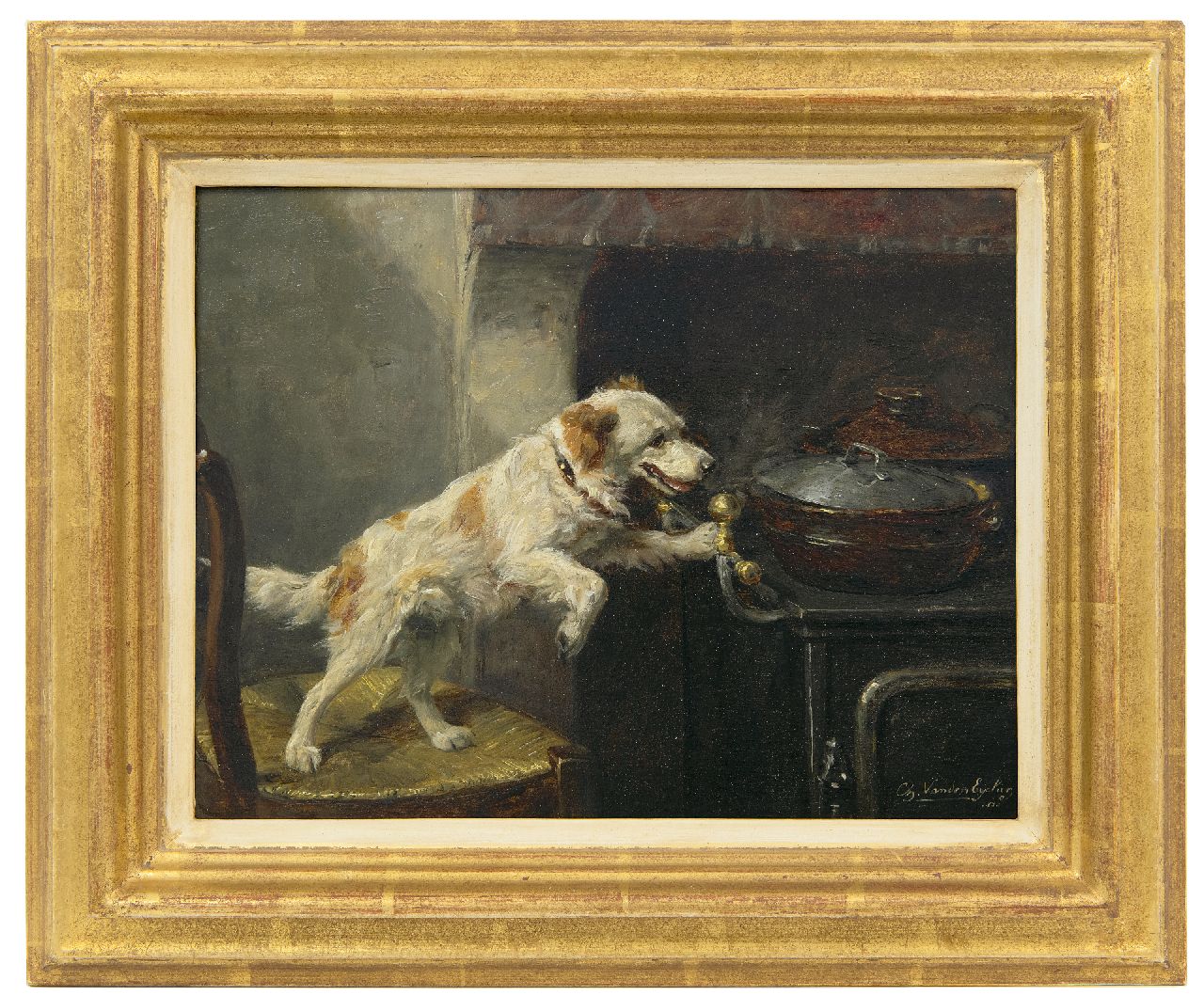 Eycken Ch. van den | Charles van den Eycken, Alone in the kitchen, oil on panel 21.4 x 27.8 cm, signed l.r. and dated 1880 and on the reverse 6.3.80