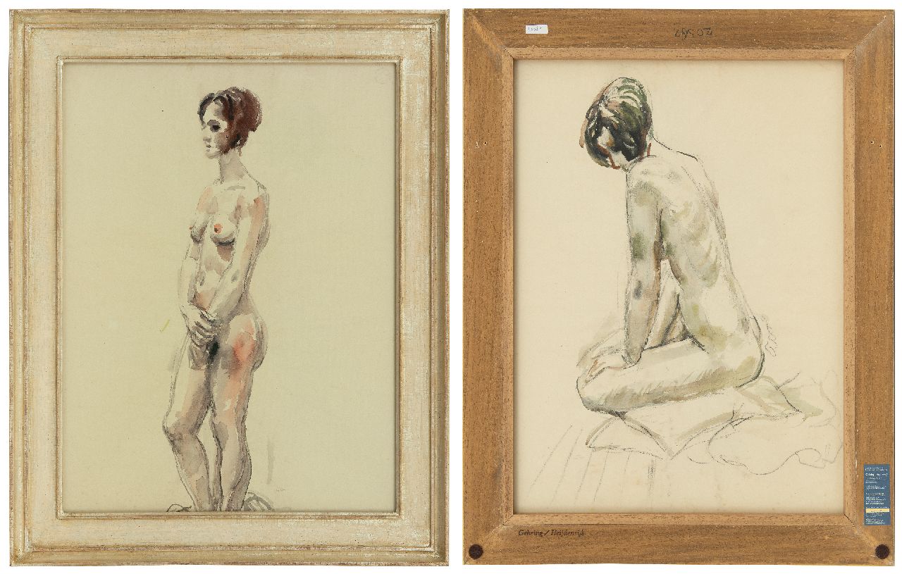 Dijkstra J.  | Johannes 'Johan' Dijkstra | Watercolours and drawings offered for sale | Standing nude, black chalk and watercolour on paper 62.7 x 46.6 cm