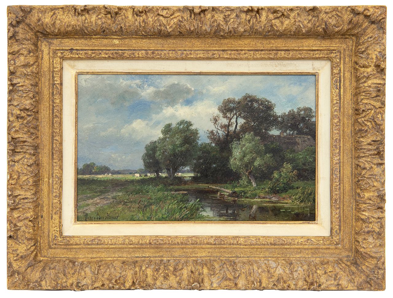Borselen J.W. van | Jan Willem van Borselen, Grazing cattle in a polder landscape, oil on panel 18.0 x 29.0 cm, signed l.l.