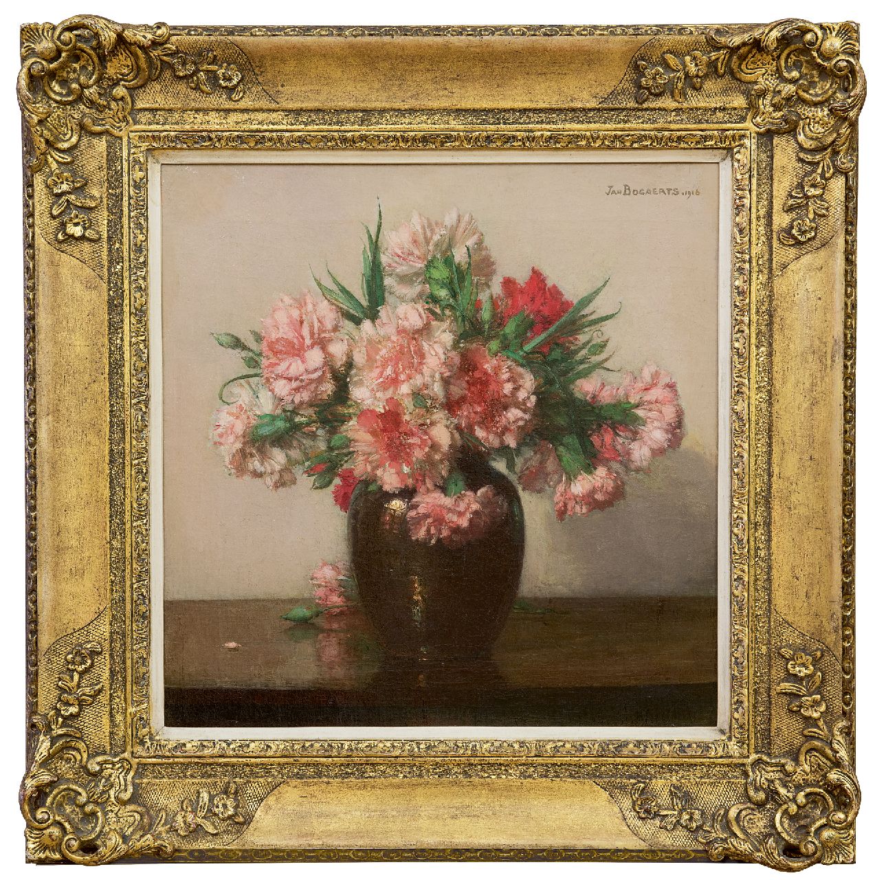 Bogaerts J.J.M.  | Johannes Jacobus Maria 'Jan' Bogaerts | Paintings offered for sale | Pink carnations, oil on canvas 39.6 x 38.5 cm, signed u.r. and dated 1916