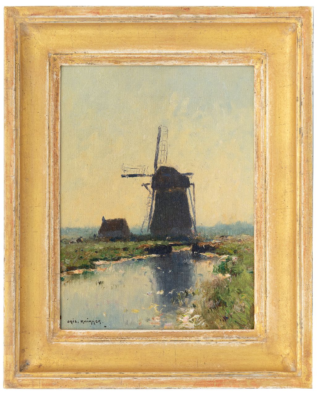 Knikker A.  | Aris Knikker, Polderlandscape with mill, oil on canvas 24.2 x 18.3 cm, signed l.l.