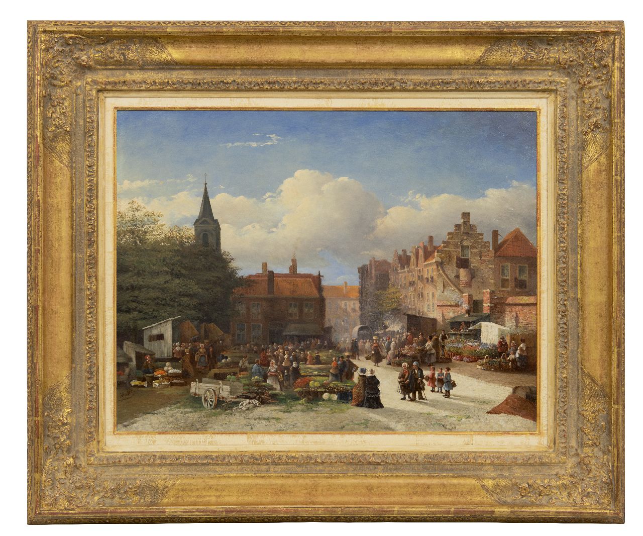 Bles J.  | Joseph Bles, A vegetable and flower market in a Dutch town, oil on panel 45.3 x 58.8 cm, signed l.l. and dated '51