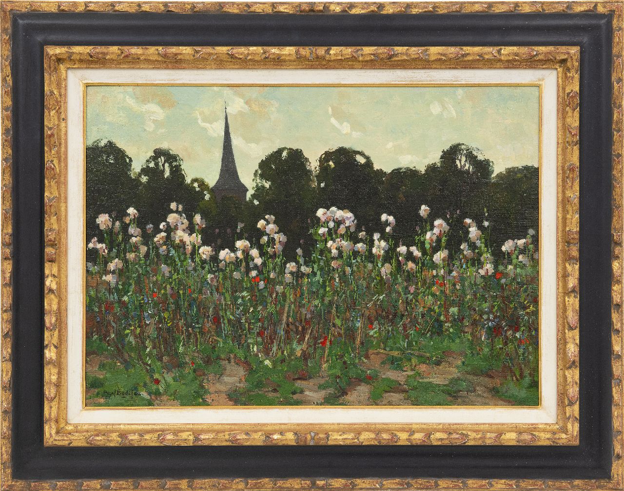 Bodifée J.P.P.  | Johannes Petrus Paulus 'Paul' Bodifée | Paintings offered for sale | A field of faded thistles near a church, oil on canvas laid down on board 33.1 x 46.5 cm, signed l.l.