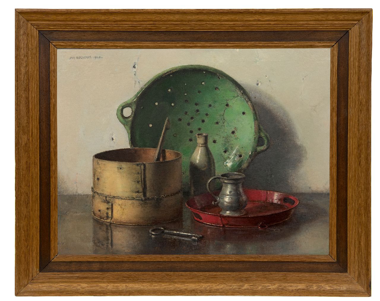 Bogaerts J.J.M.  | Johannes Jacobus Maria 'Jan' Bogaerts, Still life with a green strainer, oil on canvas 50.2 x 66.1 cm, signed u.l. and dated 1948