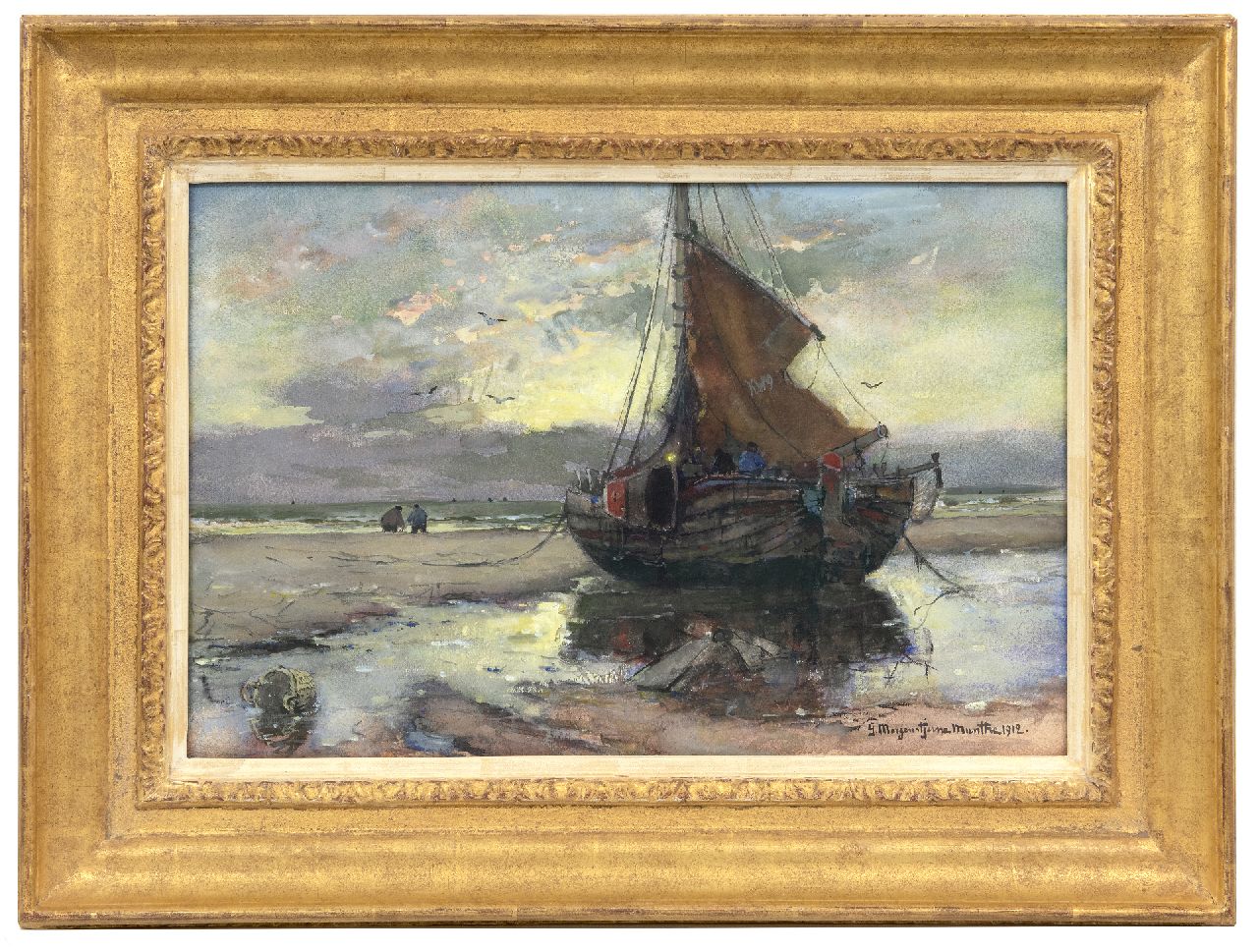 Munthe G.A.L.  | Gerhard Arij Ludwig 'Morgenstjerne' Munthe, Fishing vessel on the beach, watercolour and gouache on paper 32.3 x 49.5 cm, signed l.r. and dated 1912
