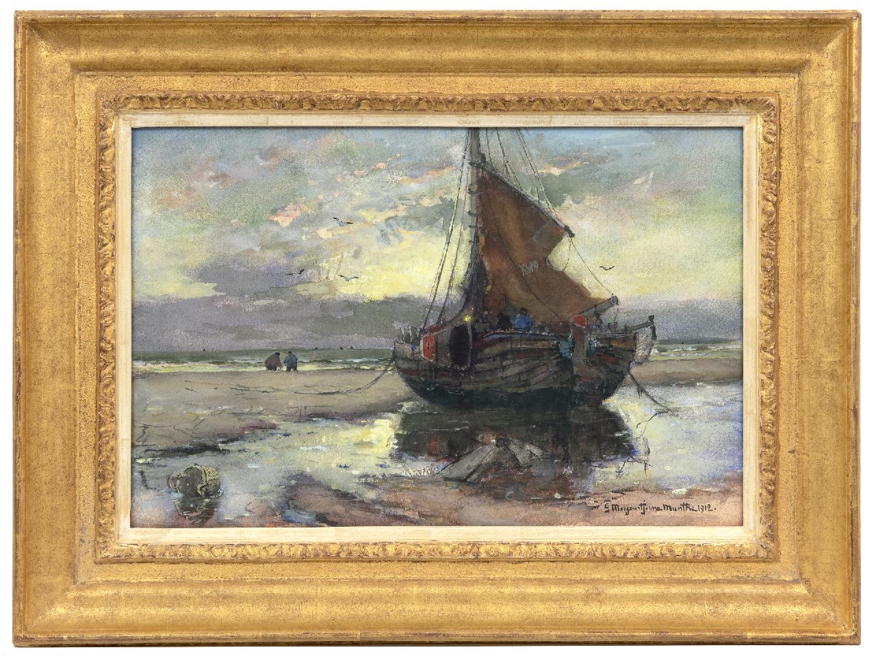 Munthe G.A.L.  | Gerhard Arij Ludwig 'Morgenstjerne' Munthe | Watercolours and drawings offered for sale | Fishing vessel on the beach, watercolour and gouache on paper 32.3 x 49.5 cm, signed l.r. and dated 1912