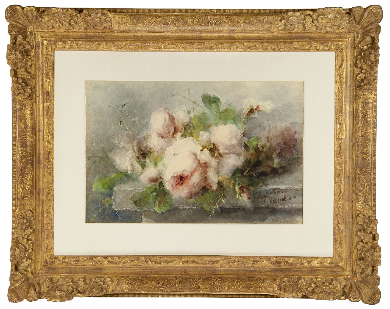 Roosenboom M.C.J.W.H.  | 'Margaretha' Cornelia Johanna Wilhelmina Henriëtta Roosenboom | Watercolours and drawings offered for sale | Pink roses on a stone ledge, watercolour and gouache on paper 35.1 x 53.3 cm, signed l.r. and painted ca. 1892-1896