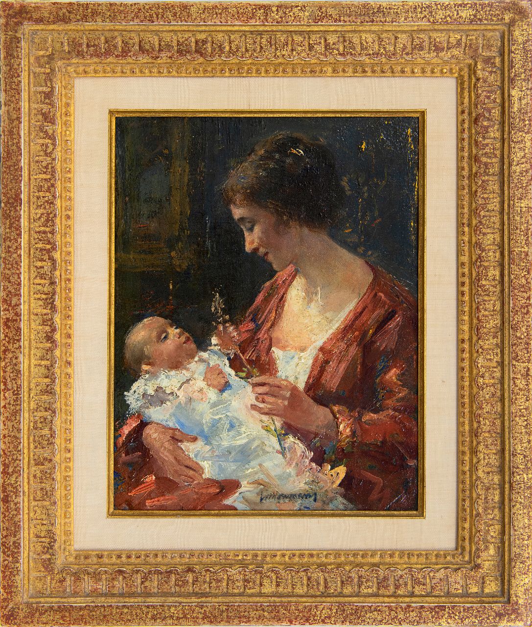 Maris S.W.  | Simon Willem Maris, Mother and child, oil on canvas 29.0 x 22.5 cm, signed l.c.