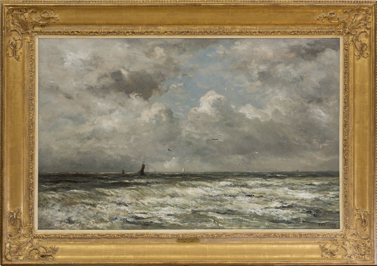 Mesdag H.W.  | Hendrik Willem Mesdag, The North Sea with fishing boats in the distance, oil on panel 69.7 x 109.0 cm, signed l.r.