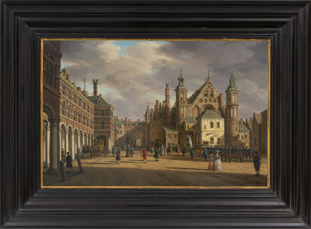 Fargue P.C. la | Paulus Constantijn la Fargue, A view of the Binnenhof and the Ridderzaal, The Hague, oil on panel 22.7 x 34.8 cm, signed l.r. and painted ca. 1770