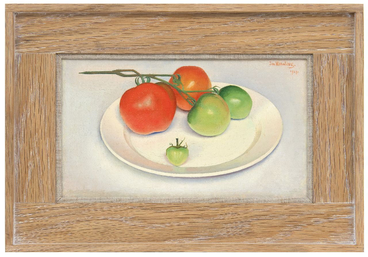 Wittenberg J.H.W.  | 'Jan' Hendrik Willem Wittenberg, Plate with tomatoes, oil on canvas laid down on panel 15.3 x 26.7 cm, signed u.r. and dated 1929