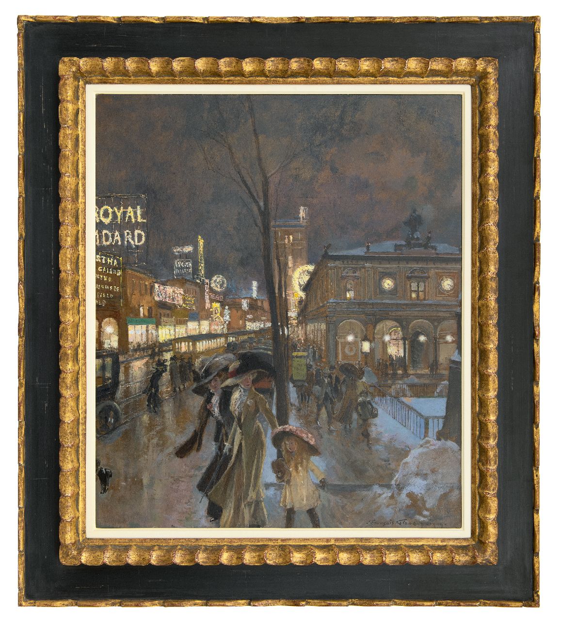 Flameng F.  | François Flameng, A winter evening in a crowded Herald Square at the New York Herald Building, oil on board 62.4 x 52.4 cm, signed l.r. and dated 1909