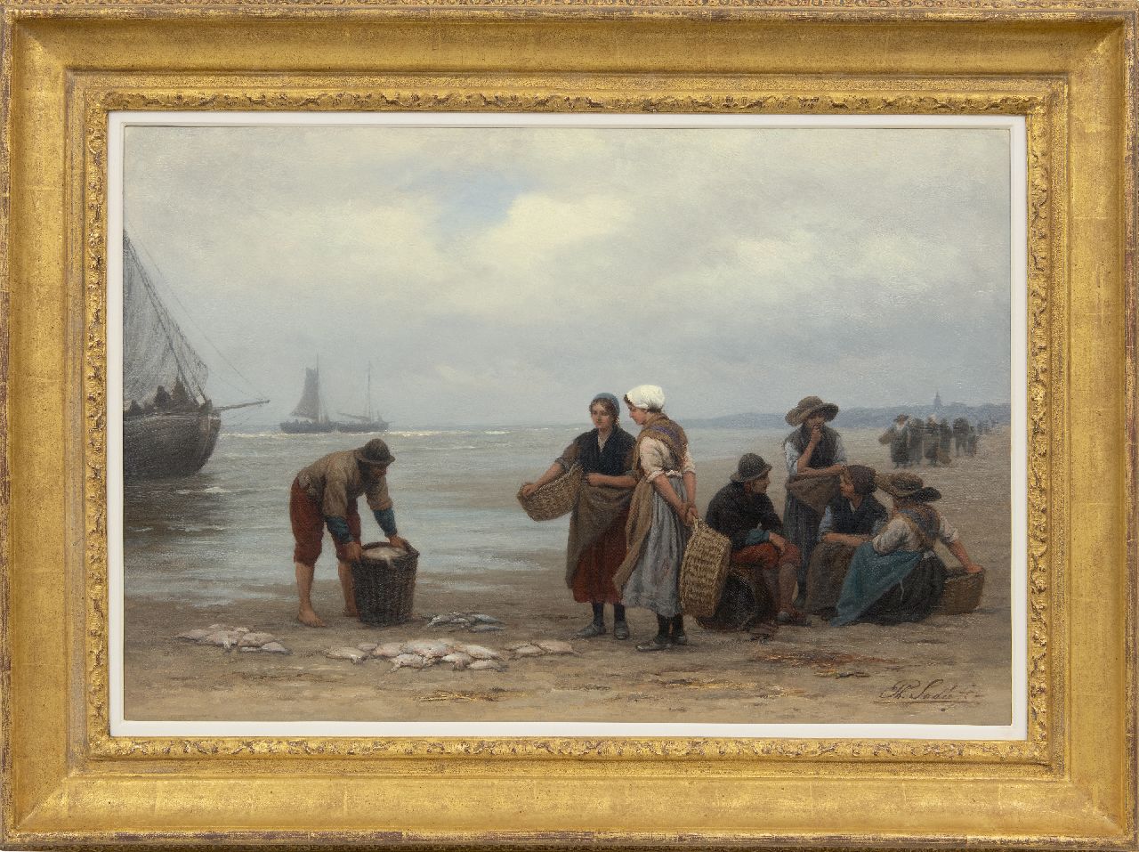 Sadée P.L.J.F.  | Philip Lodewijk Jacob Frederik Sadée, Selling fish on the beach of Scheveningen, oil on canvas 49.9 x 75.0 cm, signed l.r.