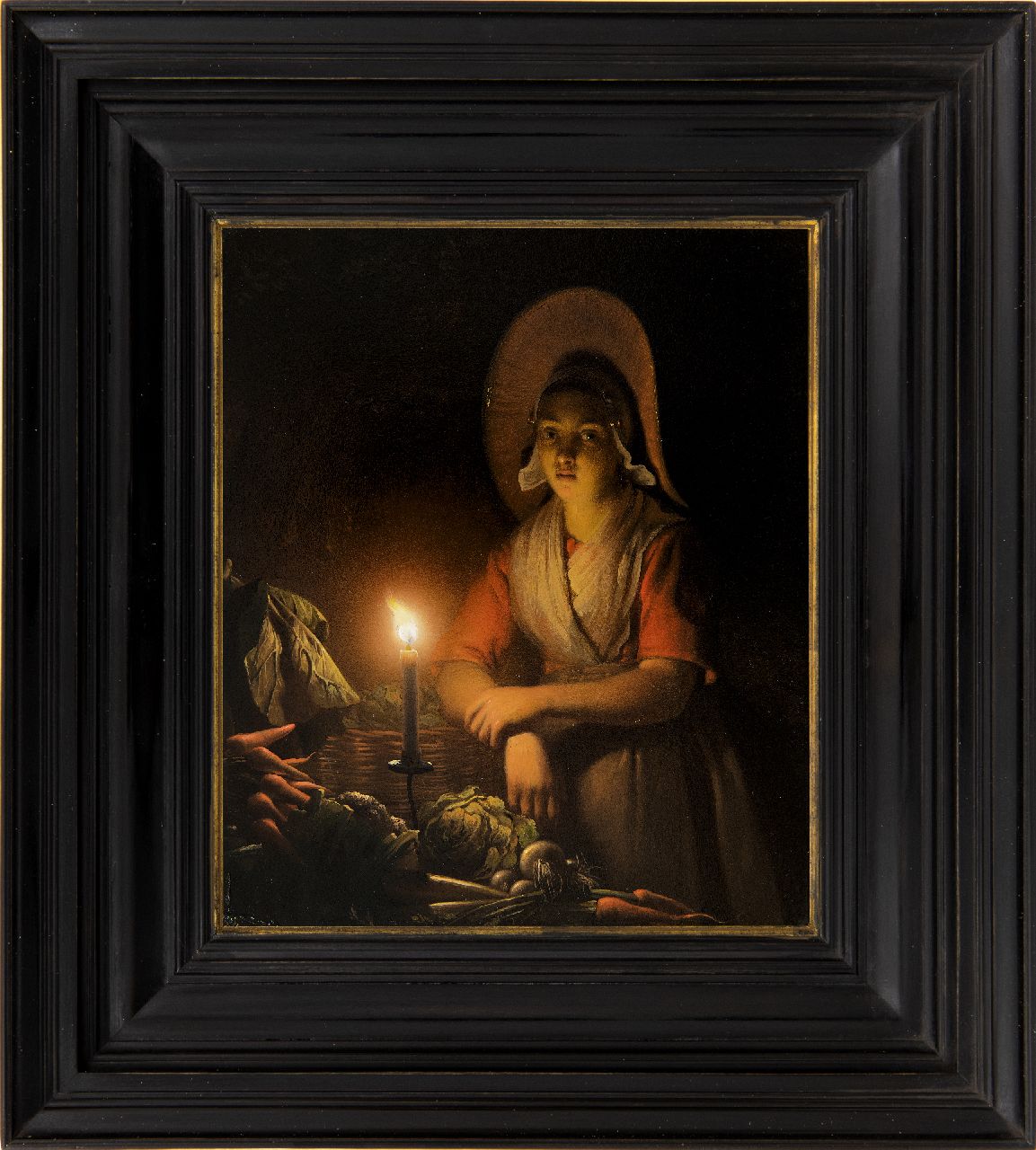 Schendel P. van | Petrus van Schendel, Vegetable seller by candle light, oil on panel 19.4 x 16.5 cm, signed u.r. and on the reverse and dated u.r. and on the reverse 1842