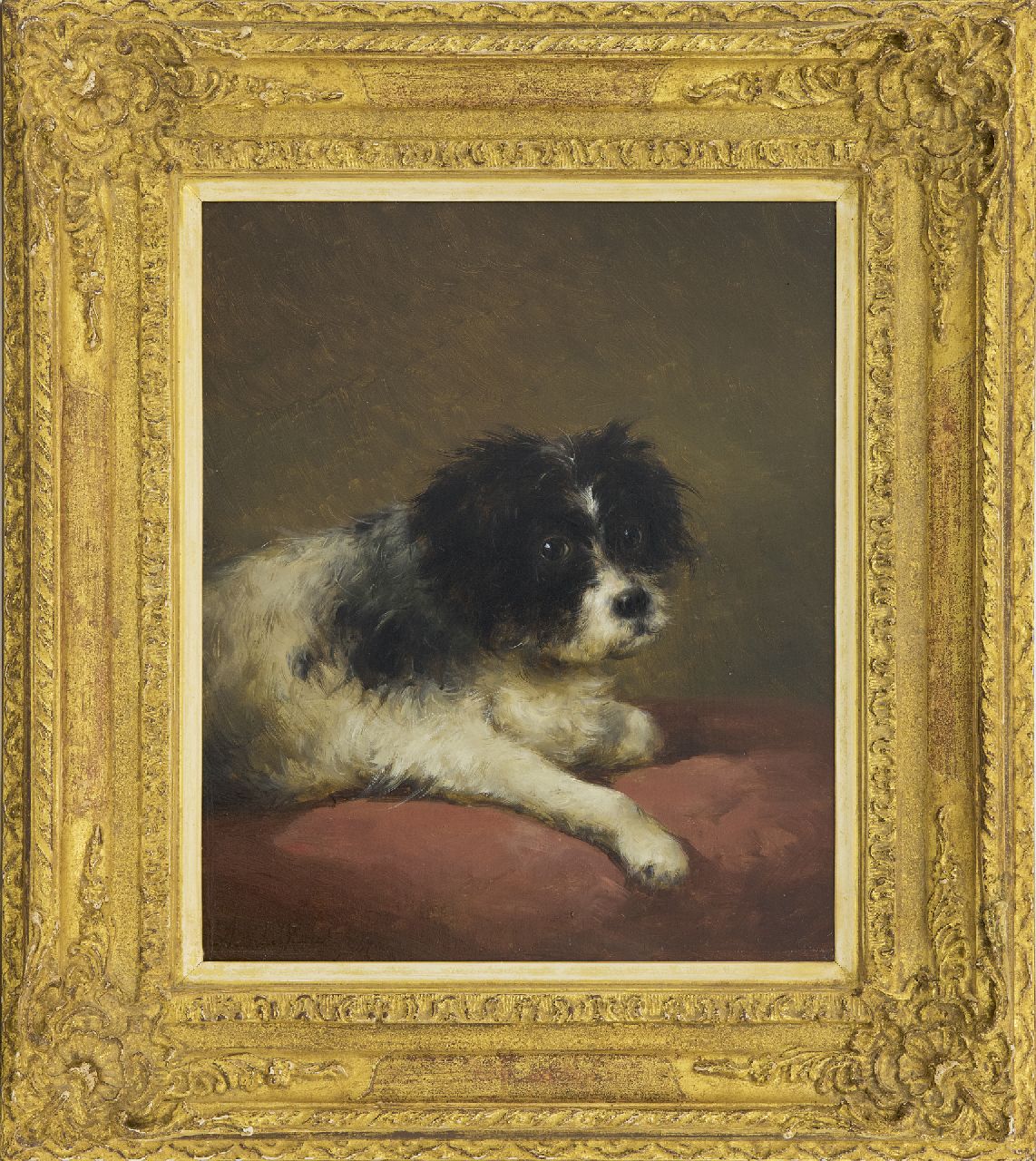 Schelfhout A.  | Andreas Schelfhout, A portrait of a dog lying on a red cushion, oil on panel 32.1 x 27.3 cm, signed l.l. and dated '47