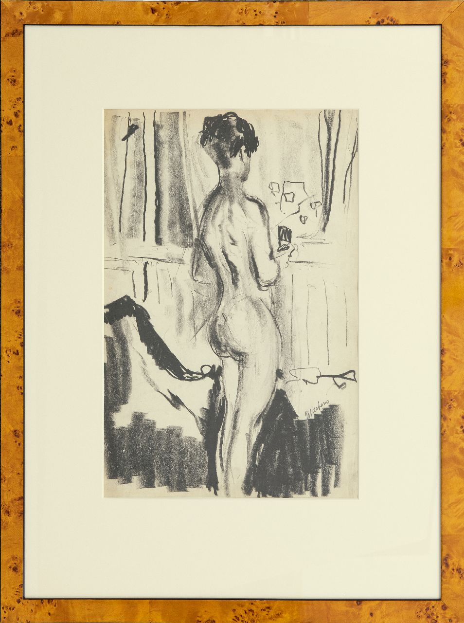 Martens G.G.  | Gijsbert 'George' Martens, Nude, seen from the back, in the artist's studio, black chalk on paper 48.0 x 32.5 cm, signed r.c. and painted ca. 1931