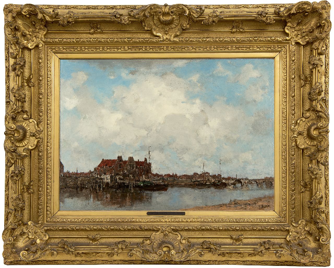 Maris J.H.  | Jacobus Hendricus 'Jacob' Maris, Along the canal, oil on canvas 45.4 x 63.2 cm, signed l.r.