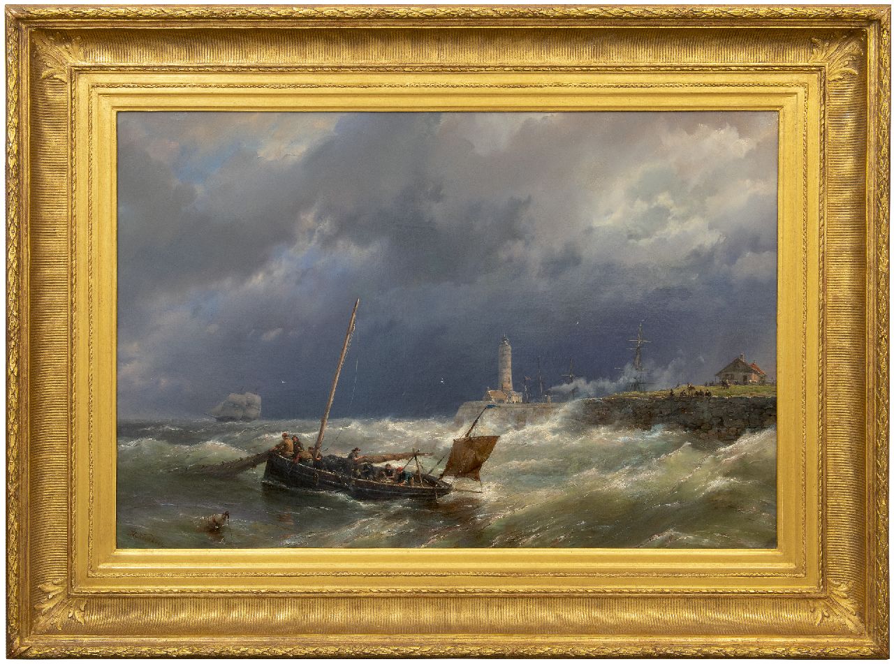 Koekkoek H.  | Hermanus Koekkoek, Gathering the nets on a stormy sea, oil on canvas 67.4 x 100.7 cm, signed l.l.