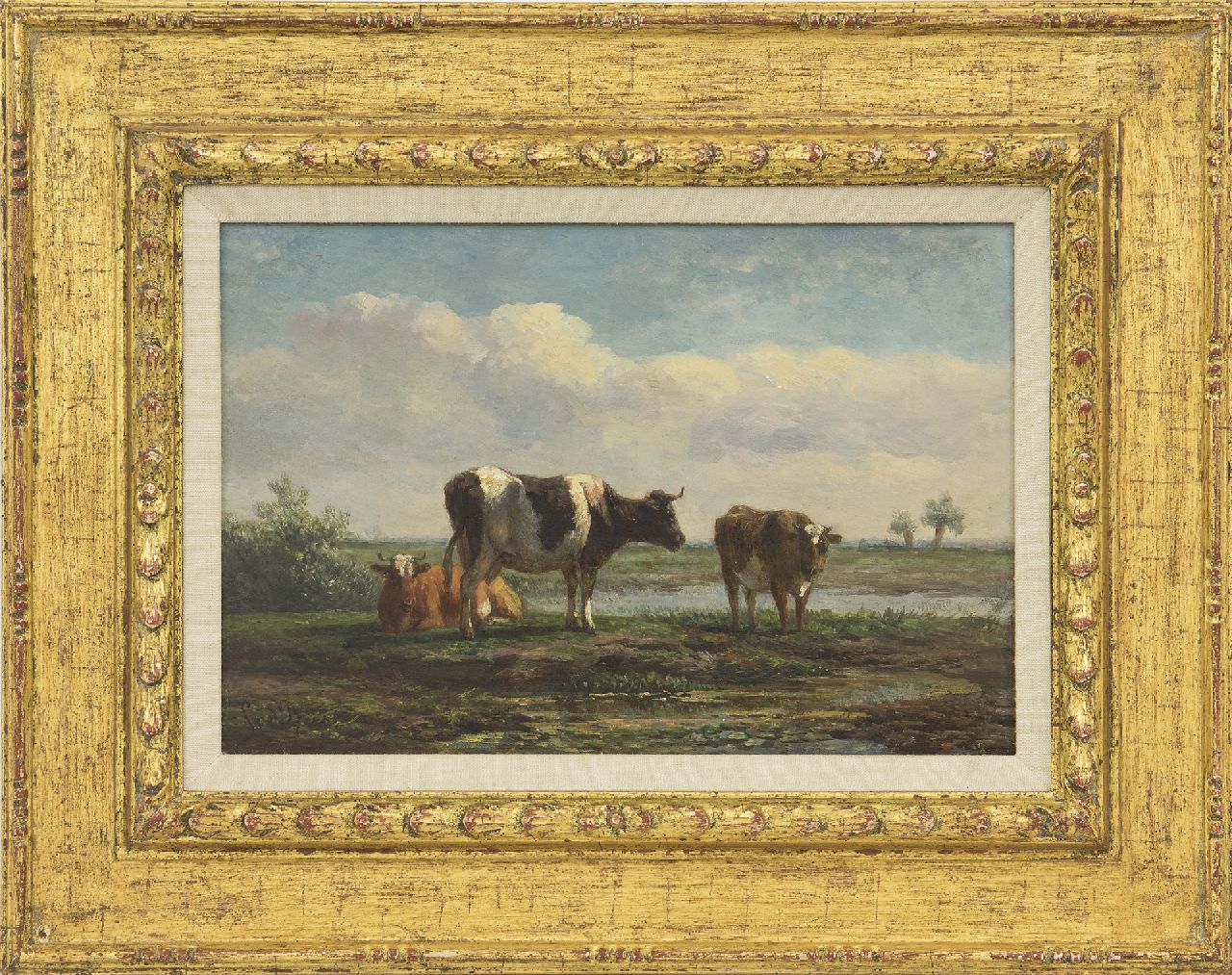 Berg S. van den | Simon van den Berg | Paintings offered for sale | Cattle in a polder landscape, oil on panel 17.6 x 26.0 cm, signed l.l.