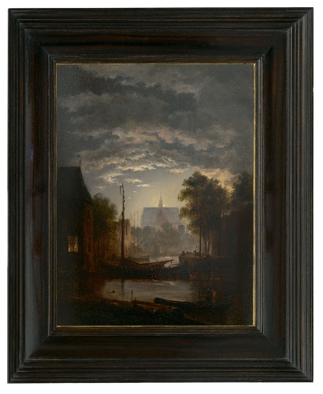 Abels J.Th.  | 'Jacobus' Theodorus Abels | Paintings offered for sale | A moonlit town harbour, oil on panel 29.7 x 23.6 cm