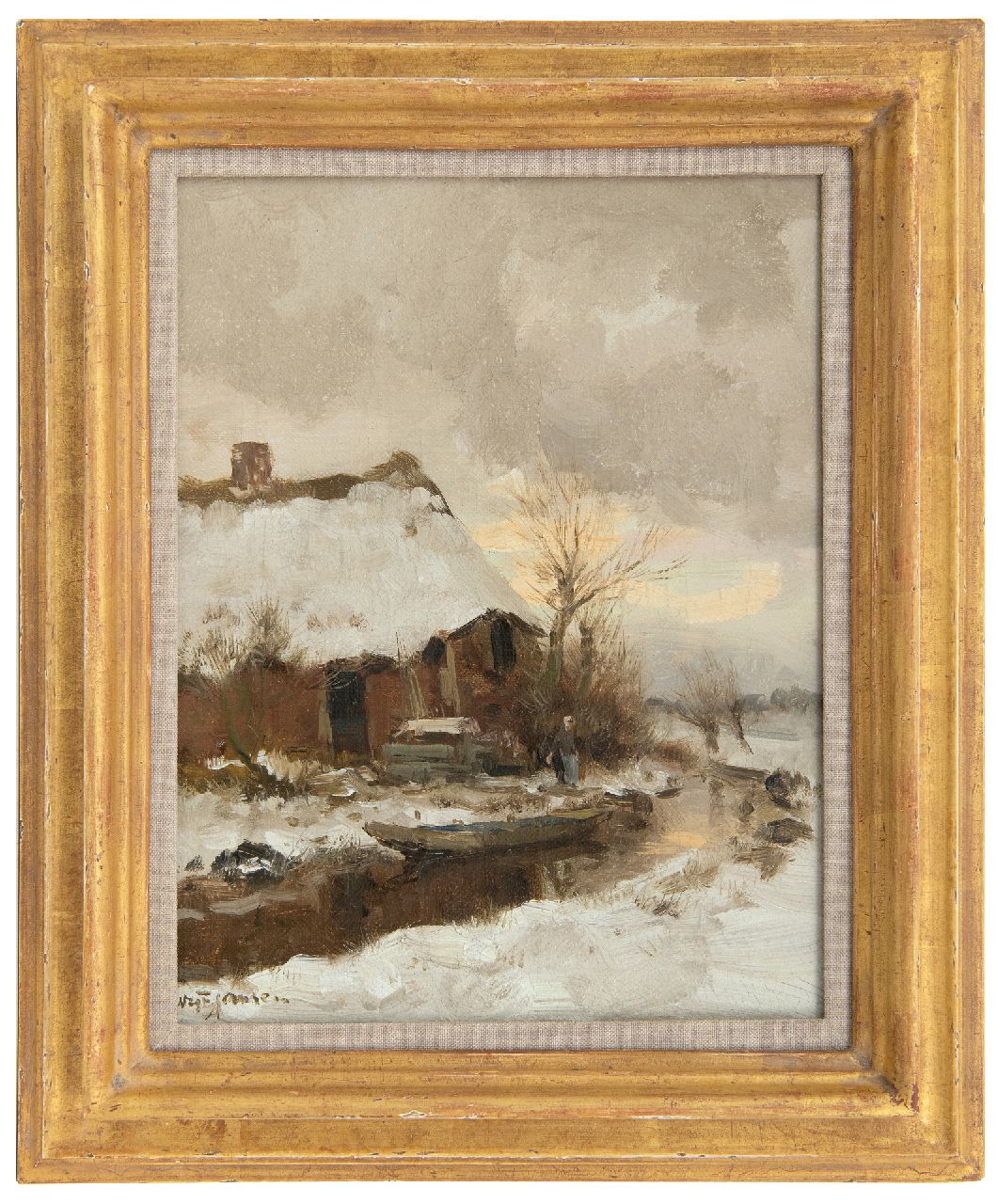 Jansen W.G.F.  | 'Willem' George Frederik Jansen, Farmhouse in the snow, oil on canvas 30.5 x 24.5 cm, signed l.l.