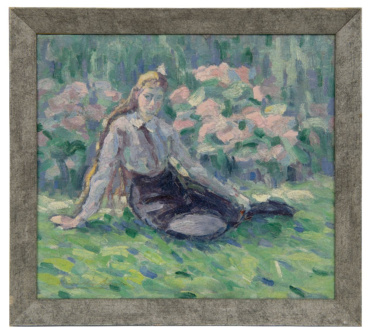 Belgische School, 2e helft 19e eeuw   | Belgische School, 2e helft 19e eeuw | Paintings offered for sale | Young girl in the garden, oil on panel 24.4 x 27.4 cm, signed l.l.