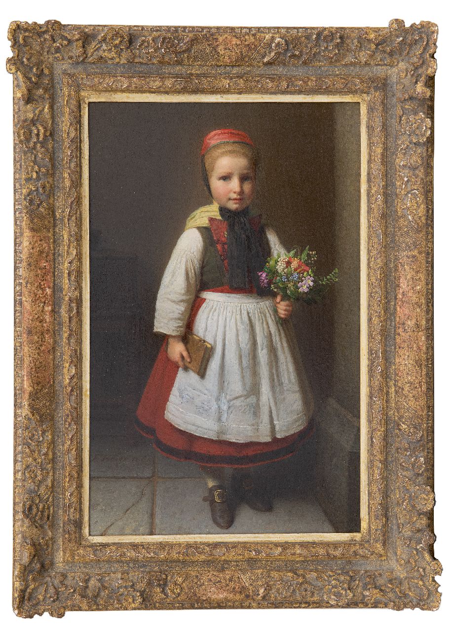 Boser K.F.A.  | Karl 'Friedrich' Adolf Boser, Girl holding flowers, oil on panel 41.8 x 27.1 cm, signed l.l. and dated 1862